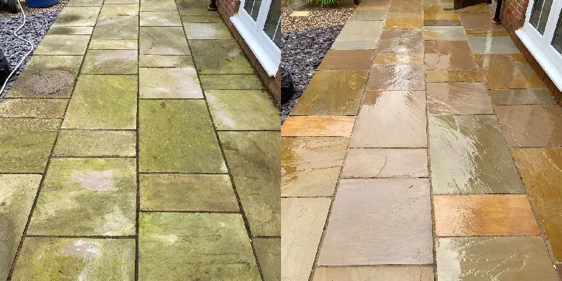 Before and after a patio power washed