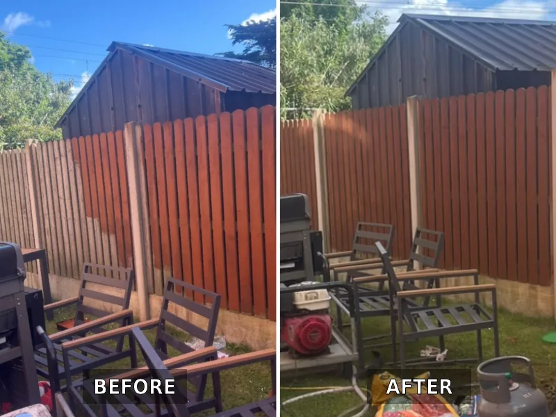 Before and after a fence paint job