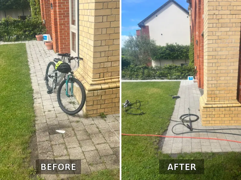 Before and after power washing front garden tiles