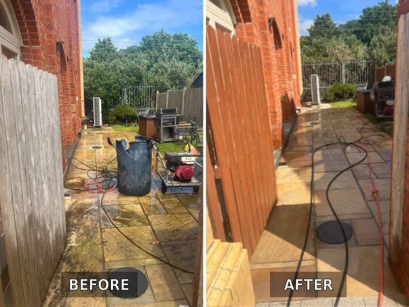 Before and after power washing side walk of a house